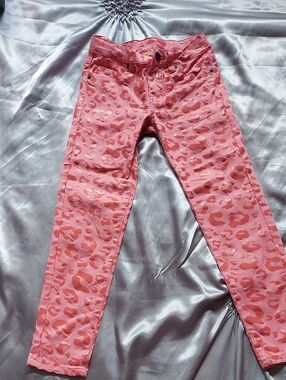 Girls' Coral Pink Leopard-Print Stretch Jeans